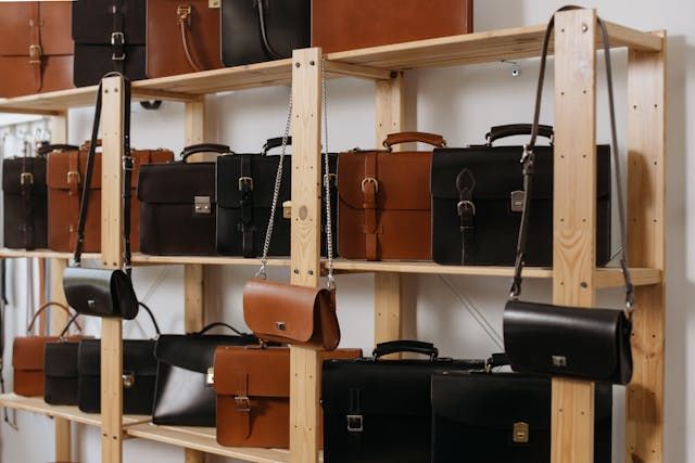 lots of black and brown handbags on a shelf